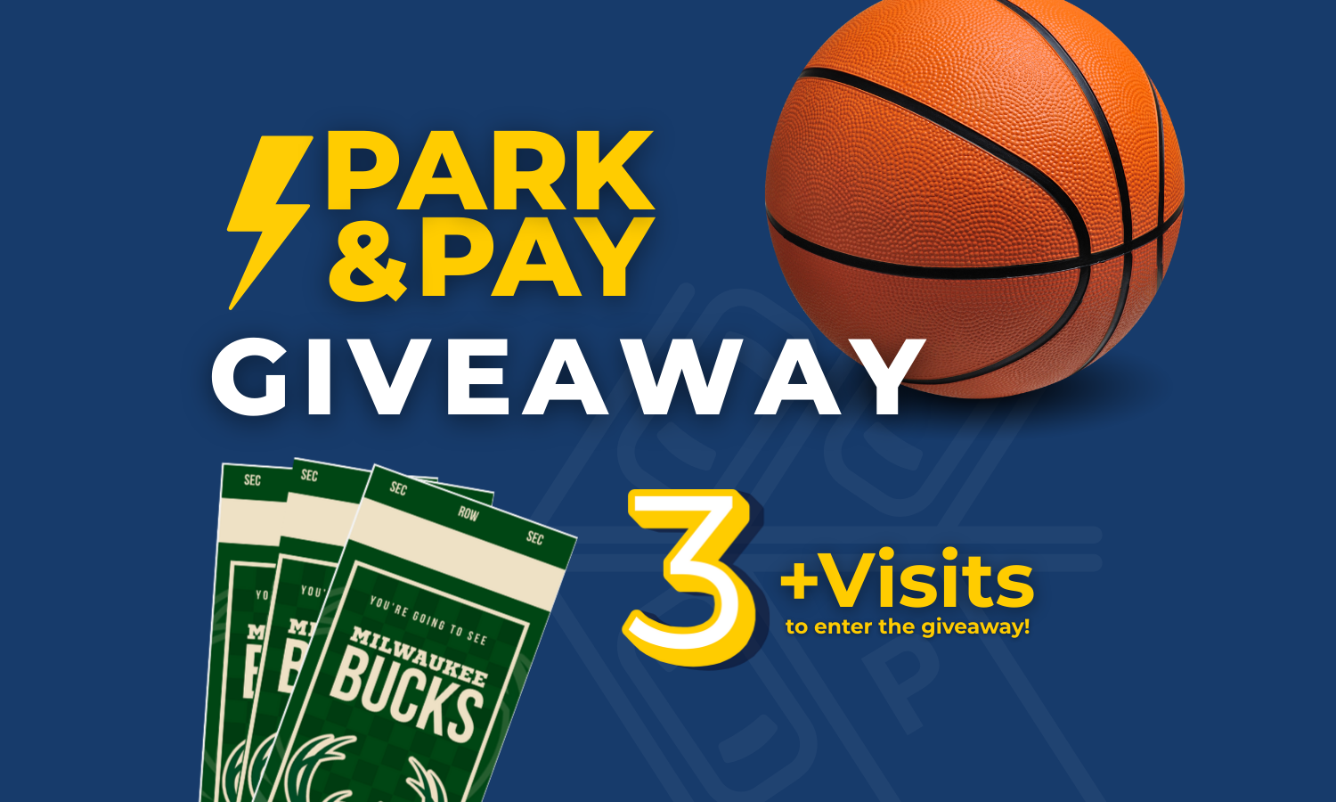 Power Parking Milwaukee Bucks ticket giveaway promotion poster with basketball, Bucks logo, and Park & Pay contest details.