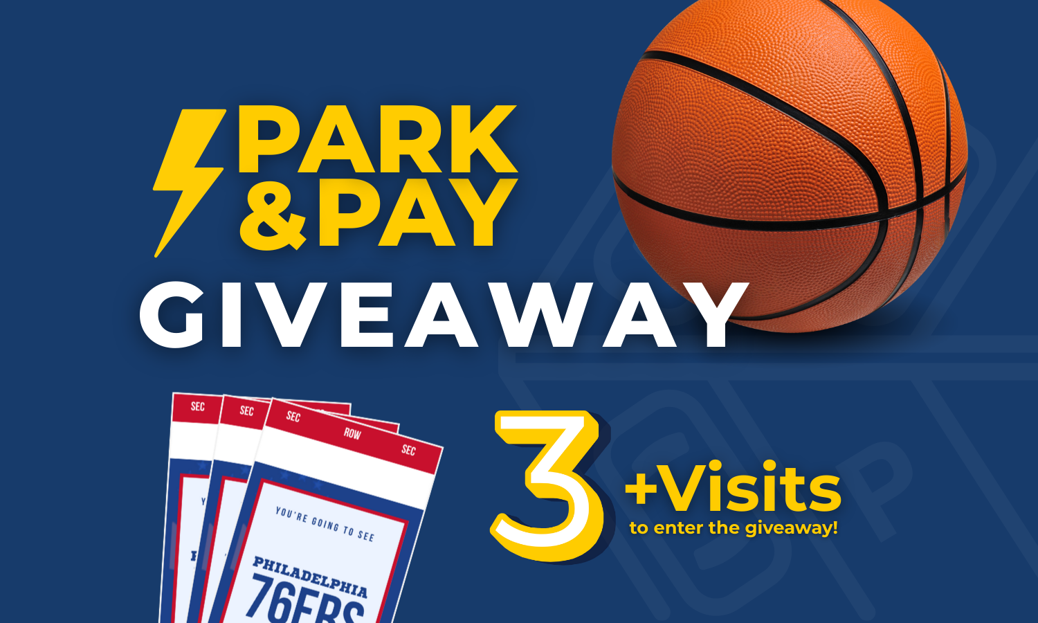 Power Parking Philadelphia 76ers ticket giveaway promotion poster with basketball, 76ers logo, and Park & Pay contest details.